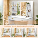 Vanity Desk with Mirror and LED Lights, 3 Lighting Modes and Power Outlet, 2 Spacious Drawers and Stool, White MDF