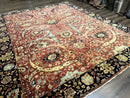 Indian Agra Rug 9x11, Terracotta and Navy Blue, Sickle Leaf Rug