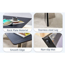 Table and chair set.63'x31.5x30' Black Marble-Patterned Slabs Tabletop with Stainless Steel Butterfly Legs.Paired with 4 white PU dining chairs with a vertical stripe design on the backrest.