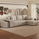 Modern L-Shape 3 Seat Reversible Sectional Couch with Pull Out Sleeper, Storage Chaise & 2 Stools, Cream, Linen Chenille