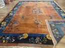 Antique Chinese Wool Rug 9x12, Light Brown and Navy Blue, Fete Peking Art Deco