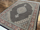 Persian Tabriz Rug 5x7, Wool with Silk Highlights, Hand Knotted Vintage Oriental Carpet, Very Fine, Herati Mahi Pattern, Black, Rare