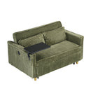 The pull-out and push-in green corduroy sofa with dual functions, equipped with a movable tabletop and USB ports, is suitable for use in living rooms and bedrooms.
