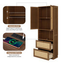 Full Size Solid Wood With Rattan Murphy Bed Cabinet Space-Saving Bed with 2 Side Cabinet Storage Shelves, Perfect for Guest Room, for Bed Room, Guest Room, Home Office, Walnut
