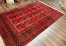 Afghan Turkoman Rug 7x10, Vintage Yamud Beshir Bokhara Carpet, Red and Black Bukhara Hand-Knotted Oriental Wool Handmade Rug, Elephant Foot