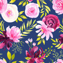 Stylish Modern Dark Blue Wallpaper with Pink Flowers