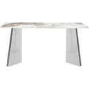 Table and chair set.63'x31.5x30' Luxurious Pandora patterned Sintered Stone Tabletop with Silver Stainless Steel Legs.Paried With 4 White PU Chairs with a vertical stripe design on the backrest.