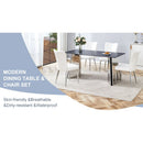 Table and chair set.63'x31.5x30' Black Marble-Patterned Slabs Tabletop with Stainless Steel Butterfly Legs.Paired with 4 white PU dining chairs with a vertical stripe design on the backrest.