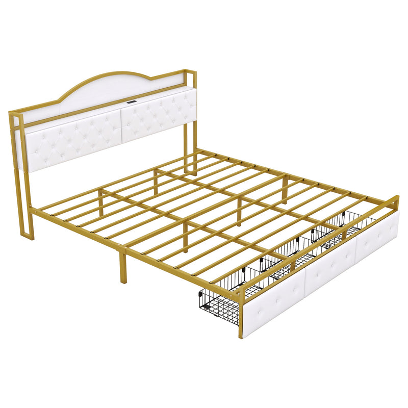 Metal Platform Bed With 3 drawers, Storage Headboard, King, Gold