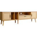 Rattan TV Stand with 2 Cabinets & 2 Open Shelves, Rattan-inspired Media Console Table for TVs up to 80", Entertainment Center with Solid Wood Legs, TV cabinet for Living room, Bedroom, Home Theatre