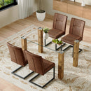 Table and chair set.A 49.6*30 Inch Transparent Tempered Glass Dining Table With Wood Grain MDF Legs.Paired With 4 Ergonomic Brown Technology Fabric Dining Chairs,Black Metal Legs.