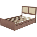Full Size Wood Storage Platform Bed with 4 Drawers, Rattan Headboard, Espresso