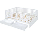 Full Size Wood Daybed with Fence Guardrails and 2 Drawers, Split into Independent Floor Bed & Daybed, White