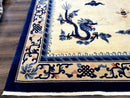 Chinese Dragon Peking Rug 8 x 11.6, Ivory and Blue, Chinese Wool Rug, Vintage