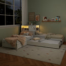L-Shaped Combination Twin Bed with Trundle and Drawer,3-in-1 Low Corner Platform Bed Linked with Built-in Desk and Led Downlight, White