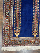 Indo Persian Prayer Rug 3x5, Fine Oriental Carpet, Dark Blue and Red, Vintage Hand Knotted Handmade Prayer Rug