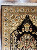 Wonderful Sino Persian Silk Rug 4x6, Tree of LIfe Design, Masterpiece 575 KPSI, Birds, Prayer Rug, Black, Silk on Silk
