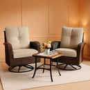 Two Outdoor Swivel Wicker Glider Patio Chairs With Table Set Brown Rattan And Beige Cushions