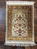 Silk Turkish Hereke Rug 2x3, Birds Lantern Very Fine 400 KPSI, Signed by Masterweaver, Wonderful, Rare, Small Hereke Rug