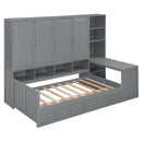 Twin Size Wooden Daybed With Three Drawers, and All-in-One Cabinet, Desk and Shelves, Gray