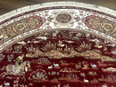 Large Round Turkish Silk Rug 8x8, Hunting Design, Dark Red & Ivory, Bamboo Silk