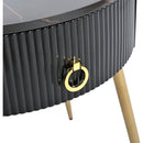 19.6" Easy Assembly End Tables with High Gloss Faux Marble Tabletops, Set of 2, Modern Fluted 2 Side Tables with Drawers, Round Coffee Tables with Golden Legs for Living Room, Black