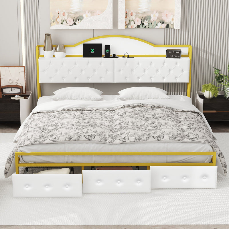 Metal Platform Bed With 3 drawers, Storage Headboard, King, Gold