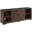 Modern Farmhouse TV Media Stand, Large Barn Inspired Home Entertainment Console, for TV Up to 80", with Open Shelves and Closed Cabinets, Espresso and Black, 70"Wx15.55"Dx26.89"H