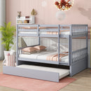 Full Over Full Rubber Wood Bunk Bed with Trundle, Ladder and Guardrails, Convertible to 2 Full Size Beds, with Twin Size Trundle,Light Grey