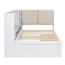 Wooden Twin Size L-shaped Daybed Corner Bed Under-bed Drawers  with Storage Bookcase and Upholstered Headboard and USB Charging Ports for Limited Space,White