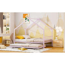 Twin Size Metal House Bed with Twin Size Trundle, Pink