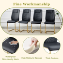 A modern minimalist style round transparent tempered glass table with gold metal legs, paired with 4 modern PU leather high-back dining chairs, bring a luxurious experience.