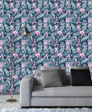Stylish Grey Leaves and Pink Flowers Wallpaper