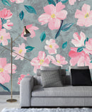 Fashionable Modern Grey Wallpaper with Pink Flowers