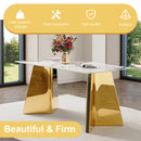 Table and chair set.63'x31.5x30' Luxurious Pandora patterned Sintered Stone Tabletop with Golden Stainless Steel Butterfly Legs.Paried With 4 Black High-quality PU Chairs With Arched Metal Legs.