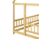 Full Size House Floor Wooden Bed with Roof Frame, Safety Guardrails,Natural