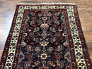 Navy Blue Antique Persian Rug 3x6, Blue and Ivory Persian Carpet, Handmade 1920s Hamadan Rug