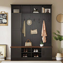 ON-TREND Versatile 3-in-1 Hall Tree with 6 Hooks, Farmhouse Walnut Storage Bench with Adjustable Shelves, 55'W Modern Entryway Coat Rack with Multiple Storage Space for Mudroom, Living Room, Black
