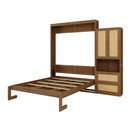 Full Size Solid Wood With Rattan Murphy Bed Cabinet Space-Saving Bed with 1 Side Cabinet Storage Shelf, Perfect for Guest Room, for Bed Room, Guest Room, Home Office, Walnut