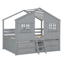 Full Size House Loft Bed with Roof, Windows,4 Storage Drawers,Pine Wooden Bed with Safety Guardrails,Ladder,Grey