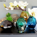 Faceted emerald blue and amber glass vase set for office desk