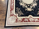 Needlepoint Rug 5x8, Wool Handmade Vintage European Design Carpet, Black & Maroon, French Aubusson Pattern Flatweave Rug