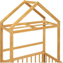 Wooden Floor Bed with Fence Railings and Detachable House Shape Headboard, Twin Size Bed with Kids Dress Up Rack, Kids Montessori Style Playhouse Frame for Girls Boys, Natural