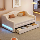 Upholstered Twin XL Size Daybed with LED Belt and 2 Drawers, Beige, Linen Material