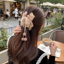 Faux Fur Bow Hair Claw Clips 2 Pack Pearl Dangle Tassel
