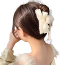 Faux Fur Bow Hair Claw Clips 2 Pack Pearl Dangle Tassel