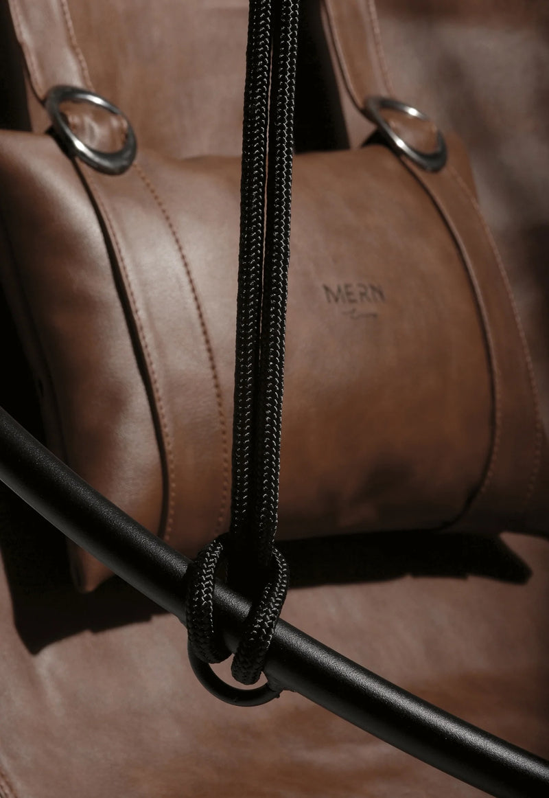 faux leather hanging round chair brown product shot closeup