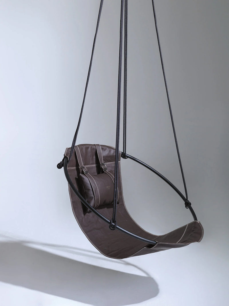 Faux Leather Round Hanging Chair Dark Brown product shot angle view