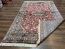 Indian Kashmiri Silk Rug 6x9, Red and Navy Blue, Floral Medallion, Fine 275 KPSI