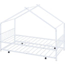 Twin Size Metal House Bed with Twin Size Trundle, White